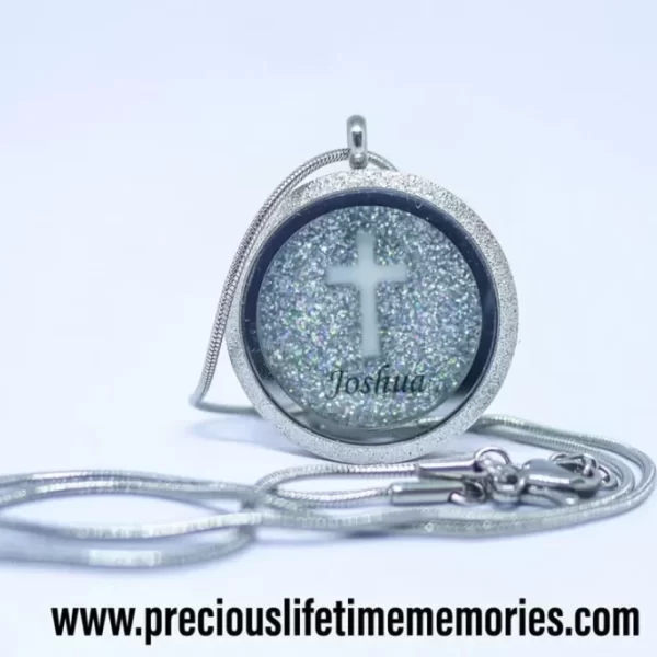 Thin Cross Breastmilk Holographic Silver Glitter Glass Locket