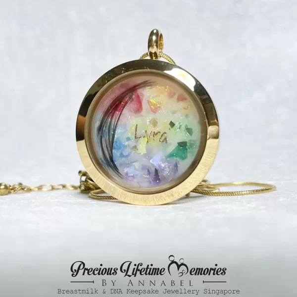 Breast Milk Rainbow Flakes With Hair Curl Glass Locket