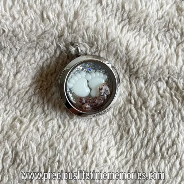 Breastmilk Big Feet With Floating Hearts Falling Glitter Glass Locket