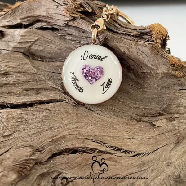 Limited Edition Breastmilk With Purple Glitter Heart Triple Names Pendant (25mm)